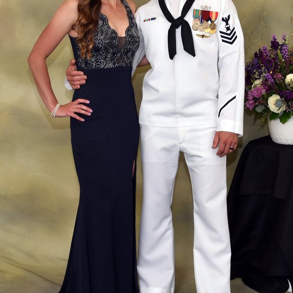 Navy Embroidered Formal Dress with Side Slit - Picture 5 of 7